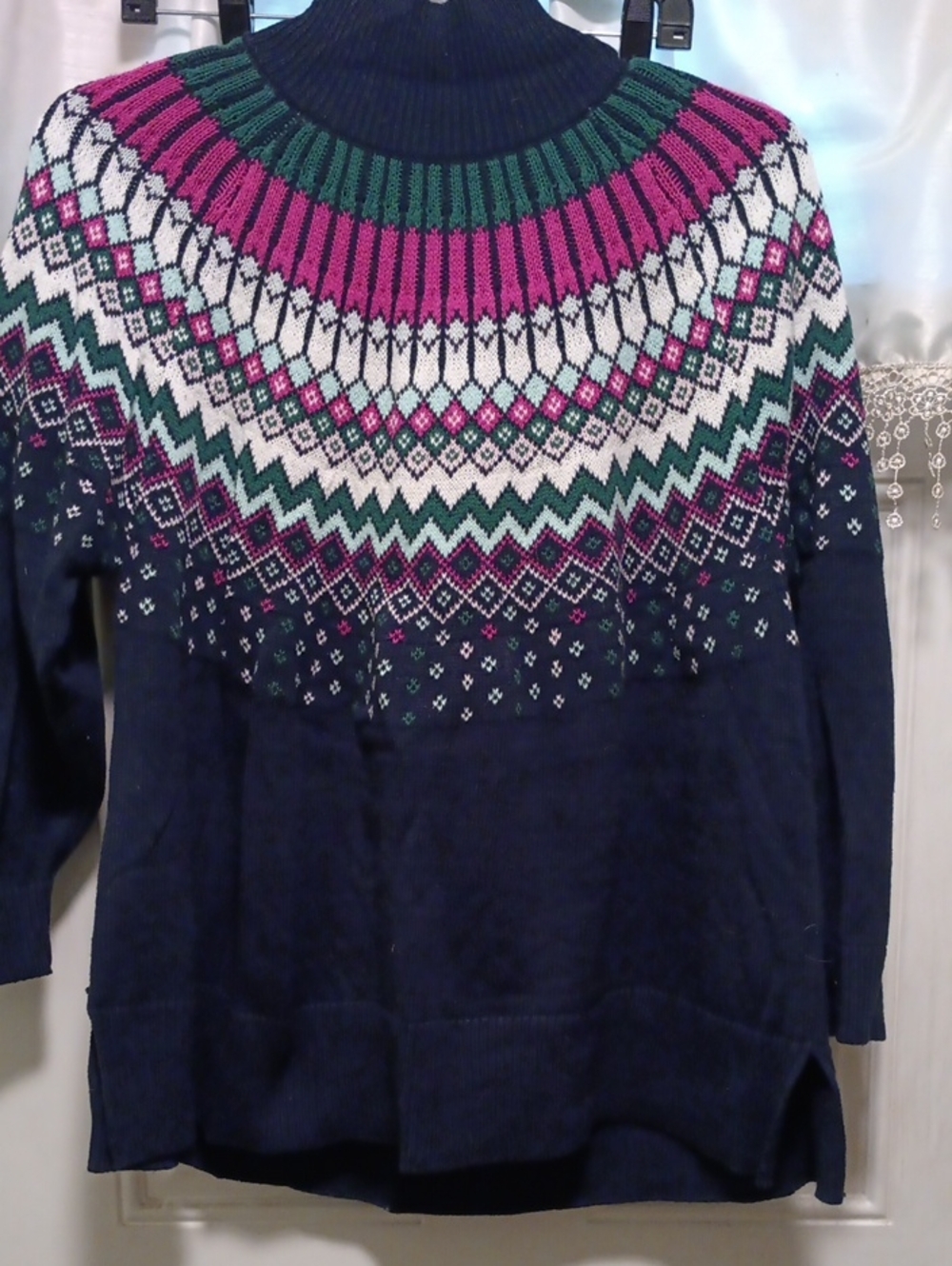 crown & ivy Navy Fair Isle Turtleneck Sweater with Pink & Green Yoke